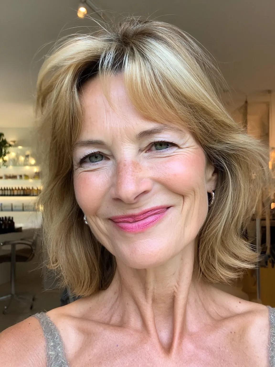 Layered Wavy Sandy Blonde Chin-Length Bob with Curtain Bangs